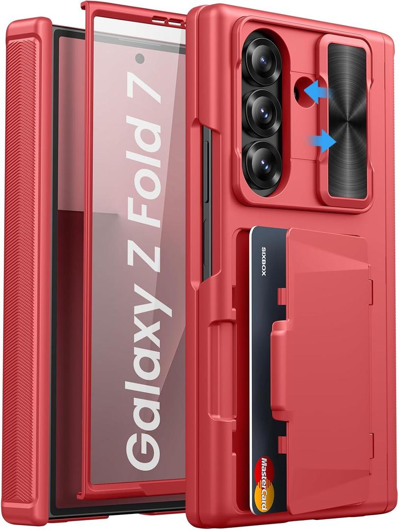 for Samsung Galaxy Z Fold 7 Case, Built-in Card Holder & Hinge Protection & Sliding Camera Lens Cover & Screen Protector, Rugged Heavy Duty Protective Phone Case for Galaxy Z Fold 7 2025, Red