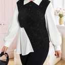 MakeMeChic Women's Plus Size Blouses Colorblock Collared Long Sleeve Peplum Casual Shirts Knit Sweater (Black, L)