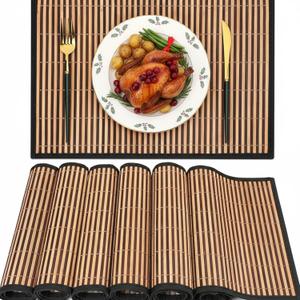 Pickmesh Bamboo Placemats Set of 6, Bamboo Table Mats Set with Fabric Border,18'' x 12'' Woven Placemat, Japanese Style, Washable Heat Resistant Place Mats for Kitchen and Dining Room