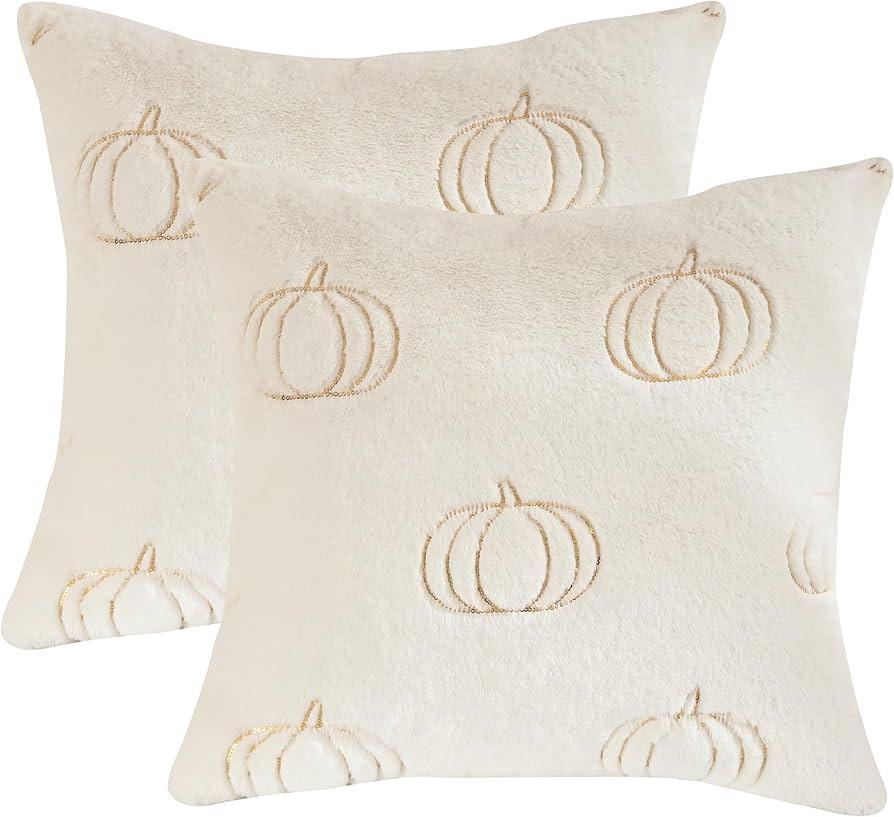 Tosleo Thanksgiving Pillow Covers 18x18 inch Set of 2 White Sequin Embroidery Pumpkins Pillow Cases Halloween Home Party Fall Decor Plush Pillowcases Cushion Covers for Sofa Bed Couch