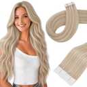 Blonde Tape in Hair Extensions Human Hair, 18 Inch Ash Blonde Highlighted with Bleach Blonde, Invisible Seamless Tape for Hair Extensions, Tape Ins Remy Human Hair, #P18/613 20pcs 50g