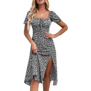 SPRIME Women's Floral Summer Casual Dress Square Neck Puff Sleeve Boho Midi Dresses Ruched Bust High Waist Split Long Dress (Black, L)