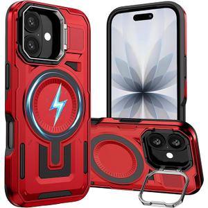 For iPhone 17 Case Compatible with MagSafe,Built-in Camera Ring Stand, 23 FT Military-Grade Drop Protection Magnetic Cover for iPhone 17 6.3'',Red