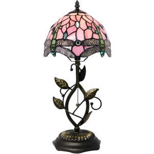 Small Tiffany Lamp Pink Dragonfly Style Stained Glass Table Lamps Desk Bedside Reading Light 8X8X18 Inches with Bronze Metal Leaf Resin Base
