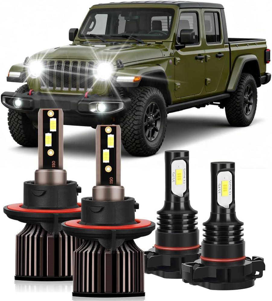 Fits For 2019-2024 Jeep Gladiator High Low Beam Fog Lights Bulbs Combo, 6000K White Plug-and-Play, 30000LM Super Bright Light Bulbs, With Cooling Fan, Pack of 4