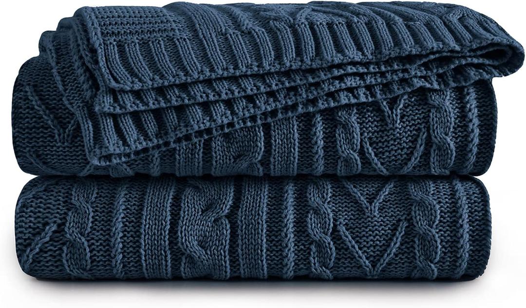 Aormenzy Navy Blue Cable Knit Throw Blankets for Couch Bed Sofa, Acrylic Knitted Blanket, Soft Cozy Throw Blanket, 50" x 60"