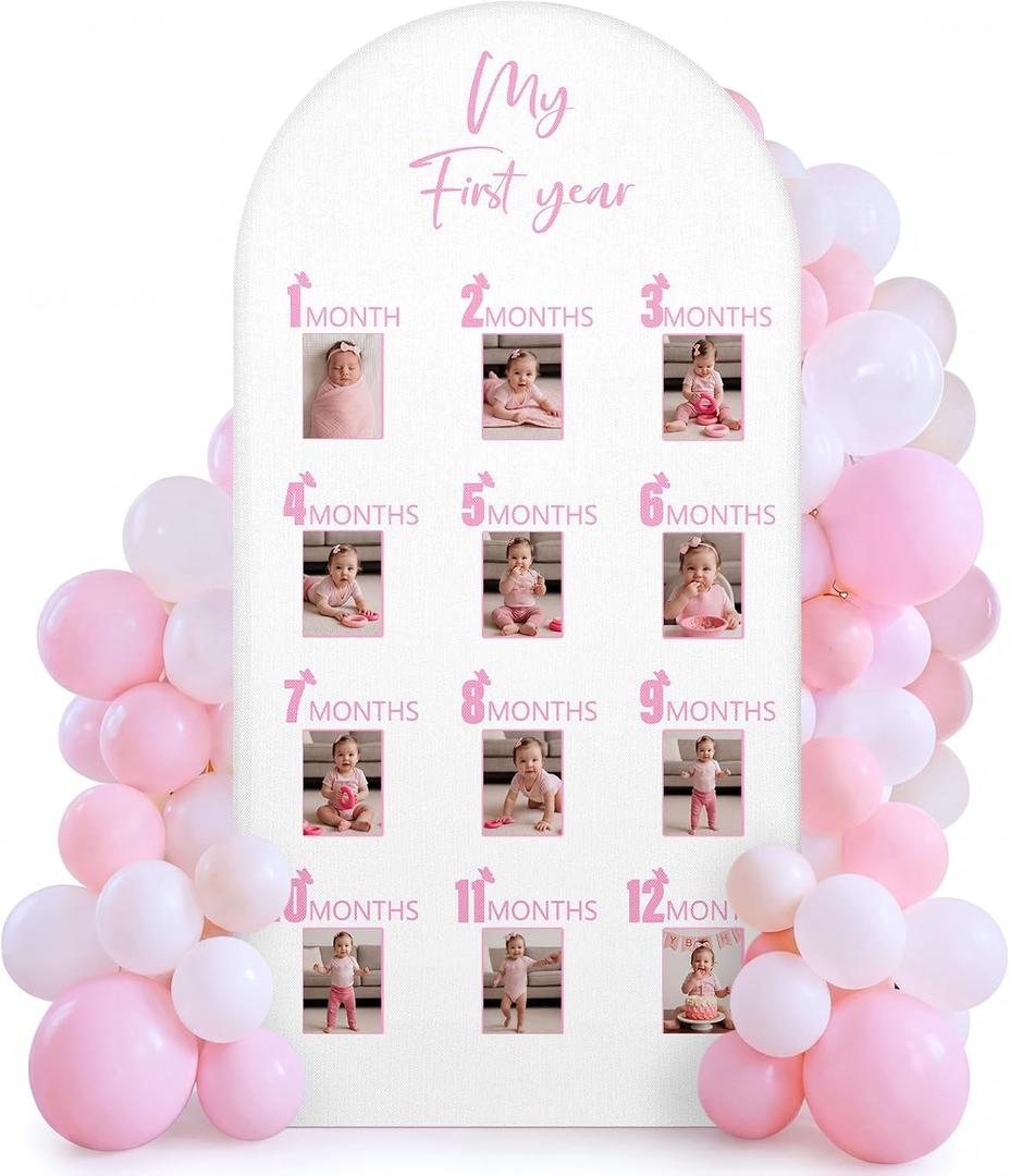 Novabright My First Year Photo Banner Butterfly 1st Birthday Backdrop No Arch Frame Included Baby Monthly Milestone 12-month Growth Display Washable for Baby Girl Birthday Party Nursery Decor