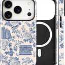 Magnetic for iPhone 17 Pro Case Cute Toile Bookish Flower Phone Case, Blue Cottagecore Floral Shockproof Slim TPU and Hard PC Protective Phone Cover Compatible with MagSafe Gift for Book Lover