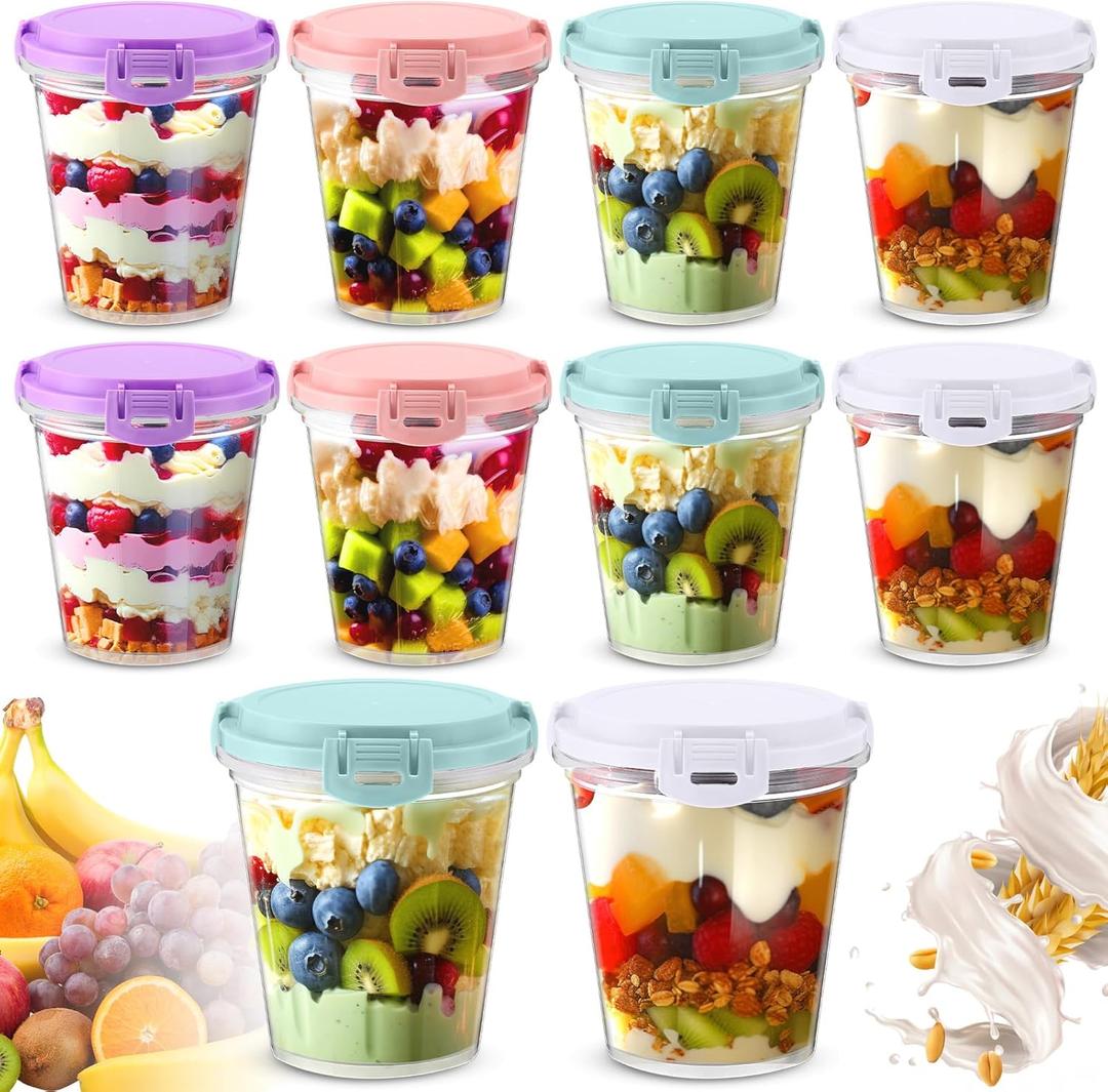 10 Pcs Overnight Oats Containers with Lids 24 oz Leak Proof Oats Jars Reusable Plastic Food Storage Meal Prep Container for Yogurt Cereal Soup Milk Salad Dishwasher Safe