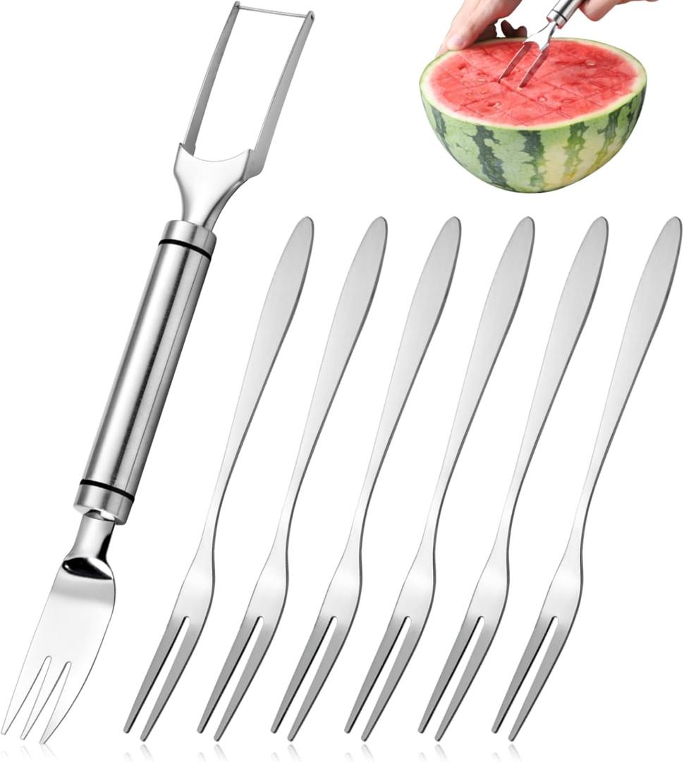 Watermelon Cutter Slicer, Stainless Steel Watermelon Fork Slicer Cutter with 6 Fruit Forks, Fruit Cutter Knives Tool for Home Party Camping