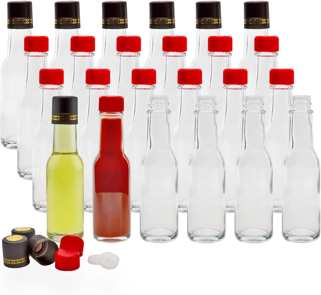 Cornucopia Brands 3oz Mini Hot Sauce Bottles (Pack of 24) Little Sauce Bottles w/Red Caps, Dripper Inserts, and Black Shrink Bands
