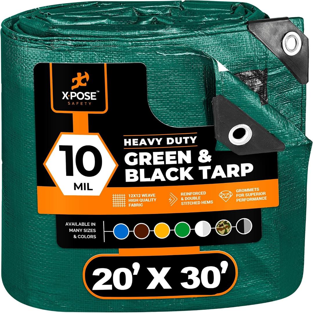 Heavy Duty Poly Tarp 20 Feet x 30 Feet 10 Mil Thick Waterproof, UV Blocking Protective Cover - Reversible Green and Black - Laminated Coating - Grommets - by Xpose Safety