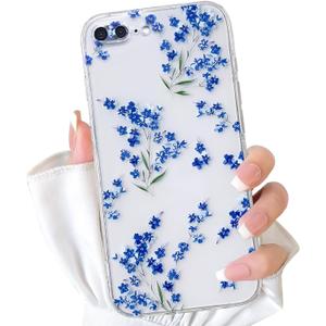 NITITOP Compatible with iPhone 7 Plus / 8 Plus Case Cute Clear Flower Floral Artistic Design for Women Girls Stylish Slim Soft TPU Shockproof Protective Girly Phone Cover - Blue