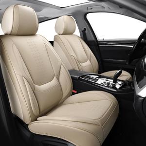 Chezope Car Seat Covers Full Set, Beige Leather Seat Covers, Breathable Front and Back Car Seat Protectors, Wear-Resistant Seat Covers Universal Fit for Most Cars SUV Truck (Beige-Solid, Full Set)