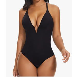 SHAPERIN Women's Deep V Neck Bodysuit Double Lined Plunge Tummy Control Shapewear Thong Body Suits Backless Cami Tank,L, Black