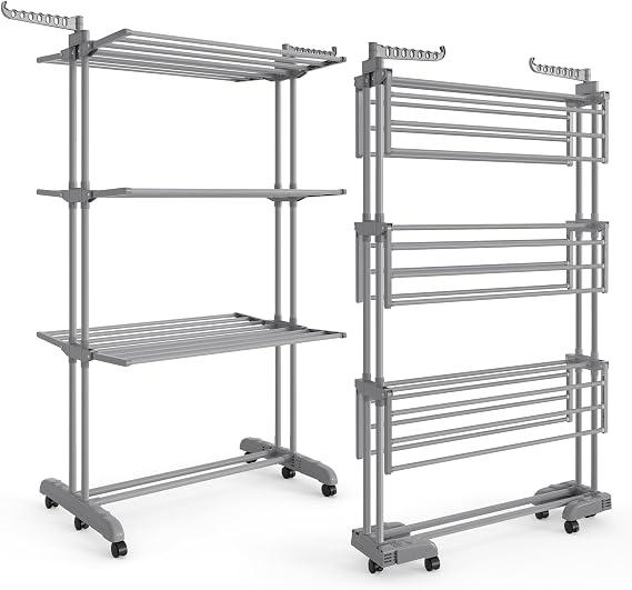 Upgraded 4-Tier Clothes Drying Rack, Drying Rack Clothing with Wheels, 19.68"D x 29.92"W x 67.70"H