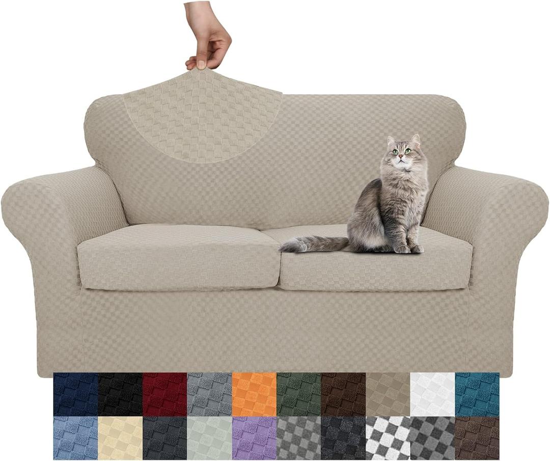 YEMYHOM Latest Checkered 3 Pieces Couch Covers for 2 Cushion Couch High Stretch Thickened Love Seat Sofa Cover for Dogs Pets Anti Slip Elastic Loveseat Slipcover Protector (Khaki), 55"-69"(2 CUSHIONS)