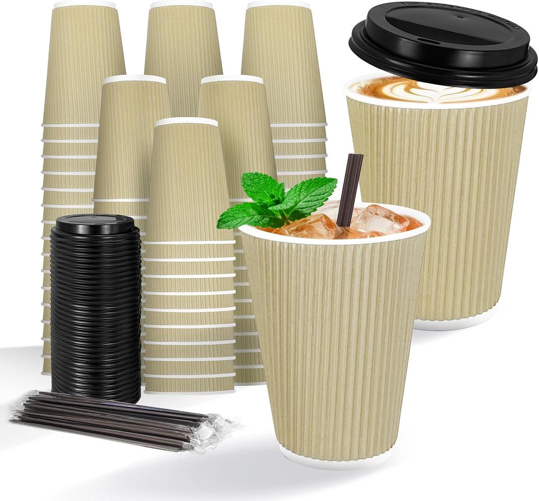 12oz 90Pack Compostable Paper Cups with Lids & Straws, 3-Layer Insulated Corrugated Cups for Hot & Cold Drinks, Home Office Travel, Kraft