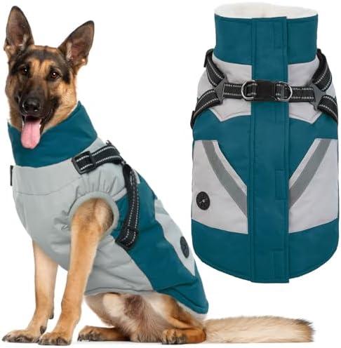 IECOii Dog Winter Coat with Harness Built in, Waterproof Windproof Dog Coats for Large Dogs, Thermal Fleece Cold Weather Jackets with Zip, Outdoor Warm Snow Jacket Reflective, Turquoise Green, XL