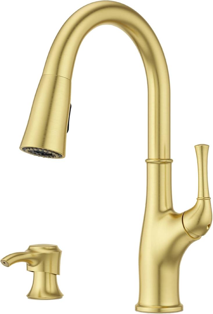 Pfister Alderwood Kitchen Faucet with Pull Down Sprayer and Soap Dispenser, Single Handle, NSF Certified, Brushed Gold Finish, F5297AWBG