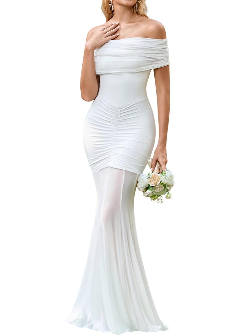 HTZMO Women Off Shoulder Fall Wedding Guest Formal Bodycon Maxi Dress White (M)