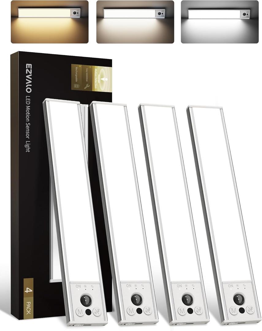 EZVALO 4-Pack Under Cabinet Lights, 2400mAh Rechargeable Motion Sensor Light Indoor, Wireless Closet Lights Battery Operated, with 3 Color Temps, Dimmable, Magnetic, for Kitchen, Stair, Pantry (8inch) (White)