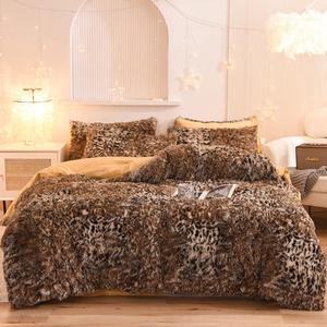 Mengersi Leopard Print Duvet Cover Set Shaggy Fluffy Duvet Cover Set,Cheetah Print Velvet Duvet Cover,Faux Fur Quilt Cover with Pillow Shams,Zipper Closure Queen Size