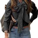 Cicy Bell Womens Plaid Shirts Bow Tied Neck Button Down Long Sleeve Casual Dressy Blouse Tops (Small, Black)