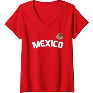Womens Mexico Flag Mexican Pride International Country V-Neck T-Shirt (Small, Red)