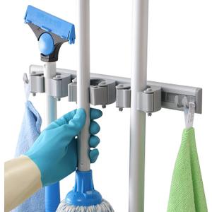 DrDirt Broom Holder Wall Mount  Heavy Duty Aluminum Mop and Broom Organizer with 3 Slots & 4 Hooks, Strong Wall Mounted Storage for Kitchen, Bathroom, Laundry Room, Garage, Closet