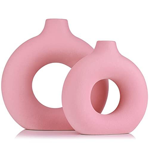 Pink Vase Decor Donut Vase Set of 2 - Circle Hollow Vases, Modern Matte Ceramic Vases for Entryway Living Room Bedroom Dining Table Centerpiece Office Home Decor