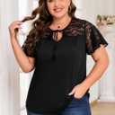 ZNU Women' s Plus Size Summer Tops Elegant Tie Front Bow Knot Round Neck Lace Ruffle Short Sleeves T-Shirts Tee Blouse (Black, XXL)