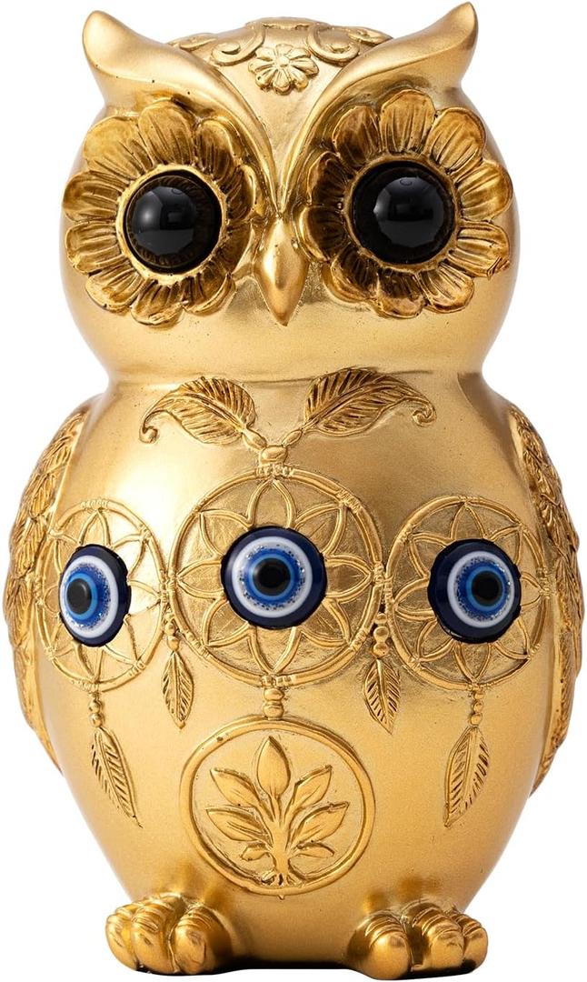 TOHLUCS Gold Owl Statue Home Decor with Evil Eye Protection  4.8" Resin Owl Figurine for Shelf, Office Desk & Living Room  Unique Spiritual Good Luck Gift for Housewarming, Women & Owl Lovers