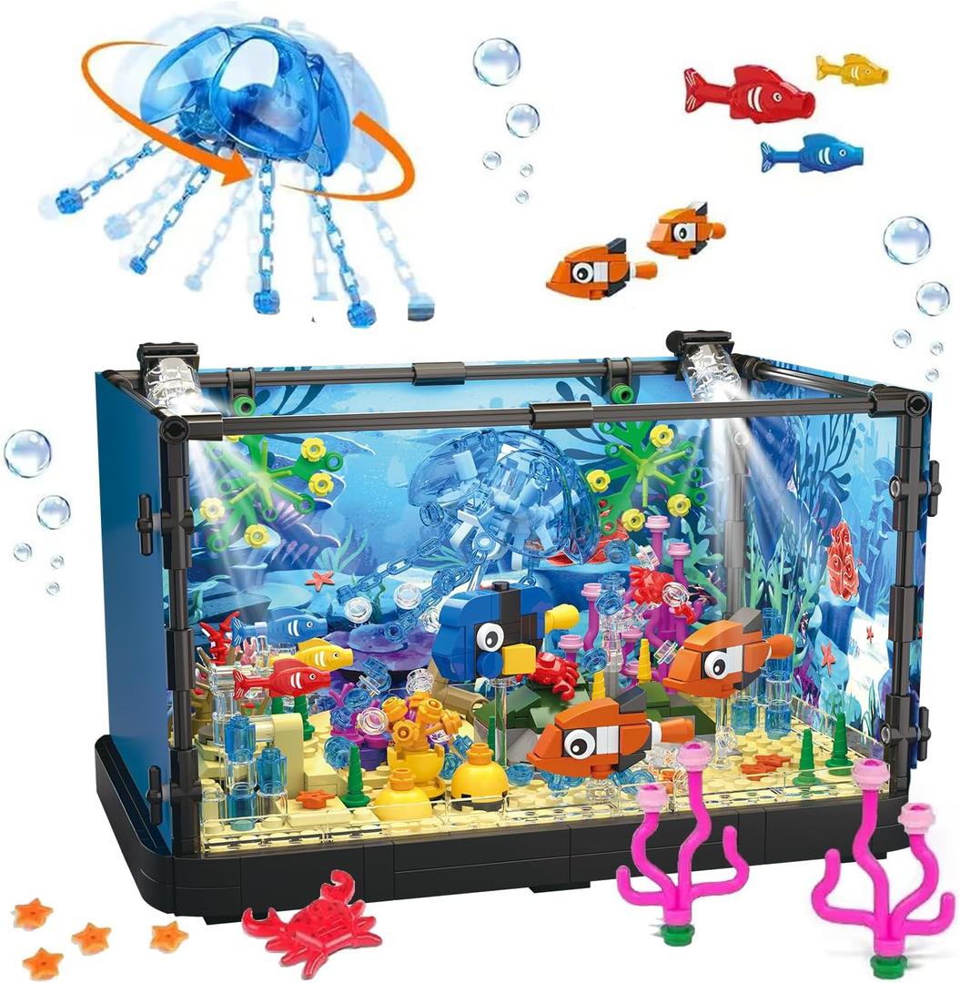 Fish Tank Building Sets,725 Pcs Lighting Aquarium Building Kits for Adults and Kids,STEM Creative Aquarium Toy with Ocean Jellyfish,Fish,Crab,Animal,Educational Gift for Boys Girls Age 8-14+ Fish Tank Building Sets,725 Pcs Lighting Aquarium Building Kits for Adults and Kids,STEM Creative Aquarium Toy with Ocean Jellyfish,Fish,Crab,Animal,Educational Gift for Boys Girls Age 8-14+