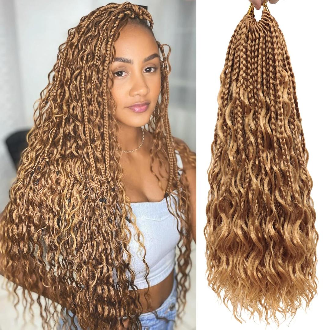 Eeanno Goddess Box Braids Crochet Hair 18 Inch 7 Packs Honey Blonde Boho Hair for Women Pre Looped Crochet Box Braids with Curly Ends, 27