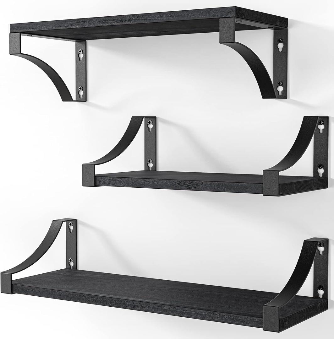 AMADA HOMEFURNISHING Floating Shelves Wall Mounted Set of 3, Rustic Wood Wall Shelves for Bedroom/Bathroom/Living Room/Kitchen/Laundry Room Storage & Decoration, Black