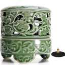 Incense Burner with Lid, Ceramic Incense Holder for Stick Cones & Coils Incense with Burn Cotton for Home, Office, Yoga, Green Lotus