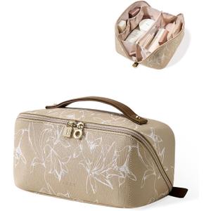 EACHY Travel Makeup Bag, Large Capacity Cosmetic Bags for Women, Waterproof Portable Pouch Open Flat Toiletry Bag Pattern Makeup Bag (F-Brown) (Medium)