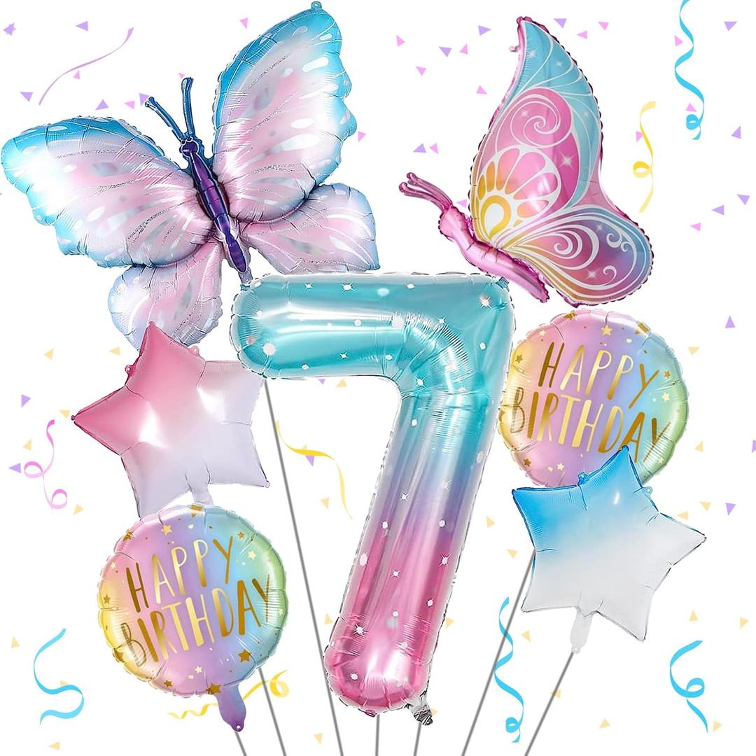 Butterfly Balloons 7th Birthday Decorations for Girls, Gradient Pink Colorful Foil Balloon, Giant Number 7 Foil Mylar Balloon, 7 Years Old Butterfly Theme Birthday Party Supplies Decor, 40 Inch, 18 Inch