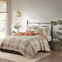 Madison Park Tangiers Quilt Modern Classic Design All Season, Breathable Coverlet Lightweight Bedding Set, Matching Shams, Decorative Pillow, King/Cal King(104"x94"), Circle Orange 6 Piece