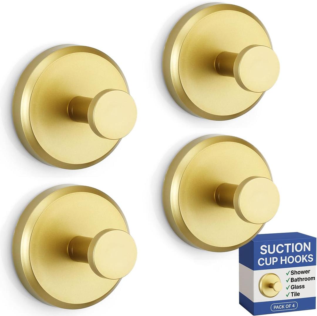 HOME SO Suction Cup Hooks for Shower & Bathroom Towel Holder 4-Pack Suction Cups Hooks for Hanging Towels, Robes, & Coats - Tiles, Glass Door or Mirror Shower Hooks & Towel Hooks Organizer - Gold