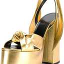 Goolita Metallic Lace Up Chunky Heel Platform Heels For Women Open Toe Slingback Ankle Strap Heeled Sandals Bow Sexy Fashion Evening Party Shoes (7, Gold)
