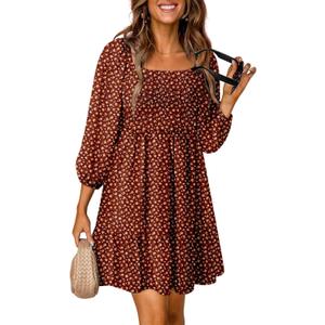 Dokotoo Fall Dresses for Women 2025 Beach Vacation Clothes Boho Smocked Square Neck 3/4 Sleeve Ruffle Bohemian Floral Printed Casual Empire Waist Mini Dress A-Line Short Dress Sundress Red Small