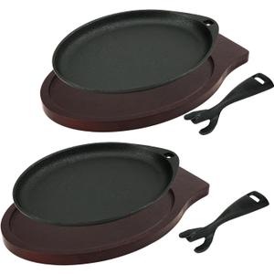 DVK 2 Cast Iron Skillet Set Sizzling Plate With Wooden Base Fajita Skillet With Removable Handle For Home Barbeque Kitchen Service