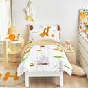 Flysheep 4 Piece White Toddler Bedding Set for Baby Girls and Boys, Cute Animals Printed - includes Quilted Comforter, Flat Sheet, Fitted Sheet & Pillow Case, Soft Microfiber