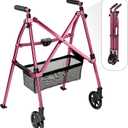 Stander Wonder Walker Plus, Lightweight Folding Mobility Aid for Adults, Seniors, and Elderly, Collapsible Travel EZ Fold-N-Go with Wheels, Glides, & Basket, Regal Rose