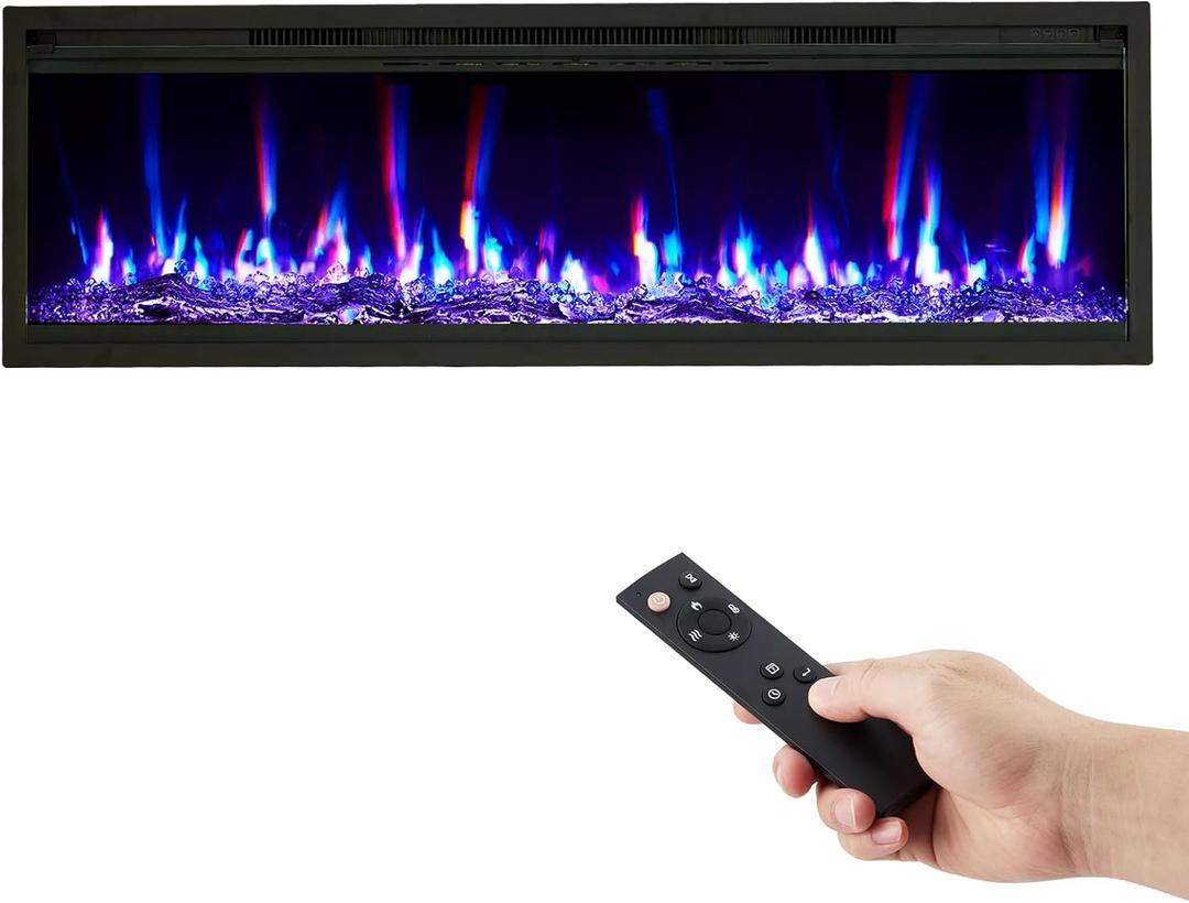 GarveeHome 68 in Electric Fireplace Wall Mounted/Recessed with Remote Control, 4.2 in Ultra-Thin Linear Fireplace Heater 750W/1500W with Timer, 12-Color Flames, Log & Crystal Options