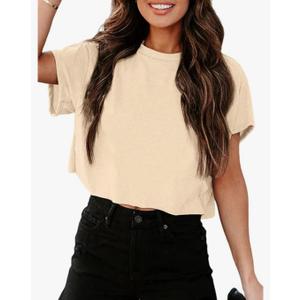 Tankaneo Women Short Sleeve Cropped T-Shirts Crew Neck Loose Crop Tops Summer Casual Drop Shoulder Basic Tees (Medium)