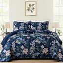 WONGS BEDDING Floral Quilt Set King Size, Navy Blue Botanical King Bedspread Bedding Sets, 3 Pieces Quilt Set with 2 Pillowcases,Soft Lightweight Microfiber Coverlet Set for All Season(104"X90")
