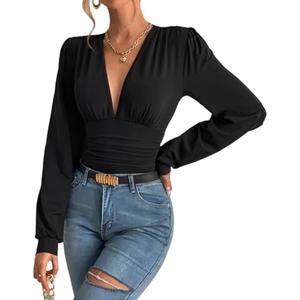 SURRO Women's Bodysuit Shirts Elegant Deep V Neck Leotard Blouses Long Sleeve Belly Hiding Tops Hook Closure XS